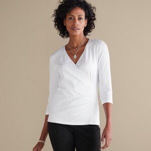 Soft‎ Surroundings 1X NEW Alyssa Knit Top White Front Wrap Surplice Minimal
